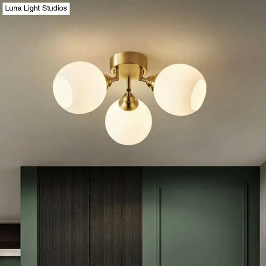 Gold Plated Semi - Flush Ceiling Light With Milky Glass Dome For Bedroom
