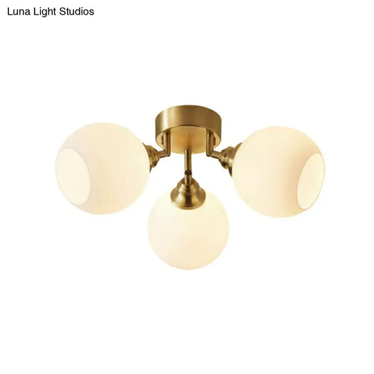 Gold Plated Semi-Flush Ceiling Light With Milky Glass Dome For Bedroom 3 /