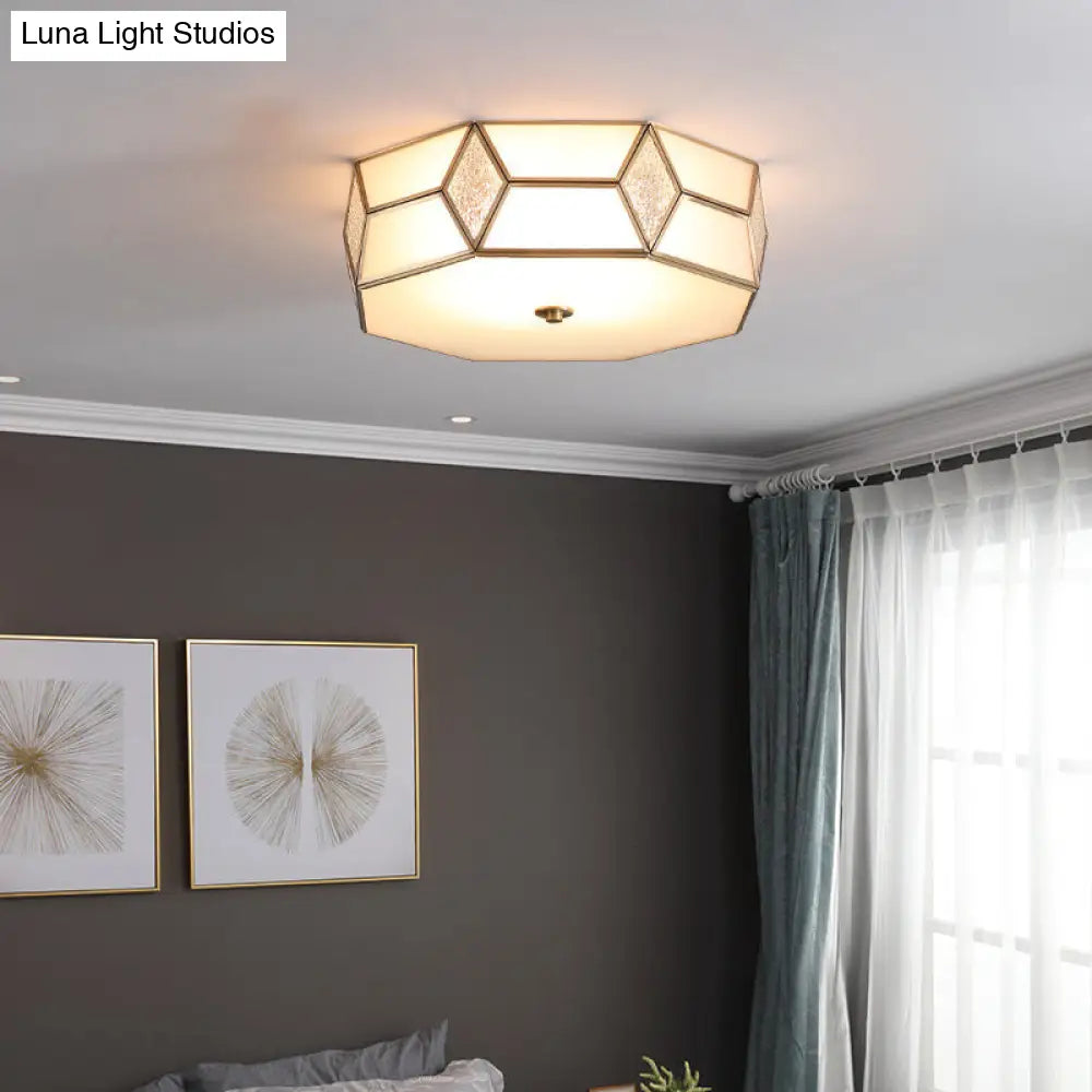 Gold Polyhedron Frost Glass Flush Mount Ceiling Light For Traditional Bedrooms