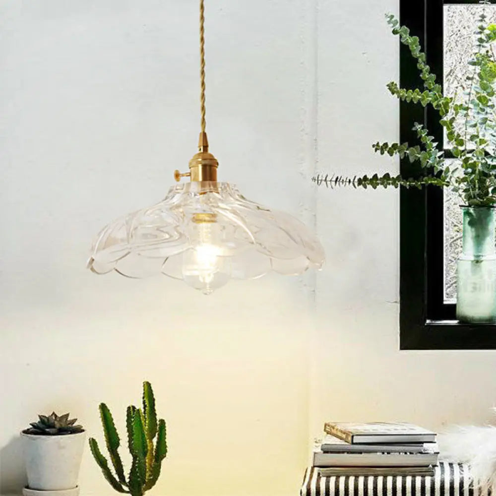 Gold Post-Modern Pendant Hanging Lamp Kit With 1 Head Floral/Bowl/Cone Design And Frosted/Clear