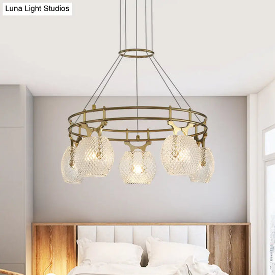 Postmodern Clear Lattice Glass 5-Head Gold Pendant Light For Dining Room Ceiling Suspension