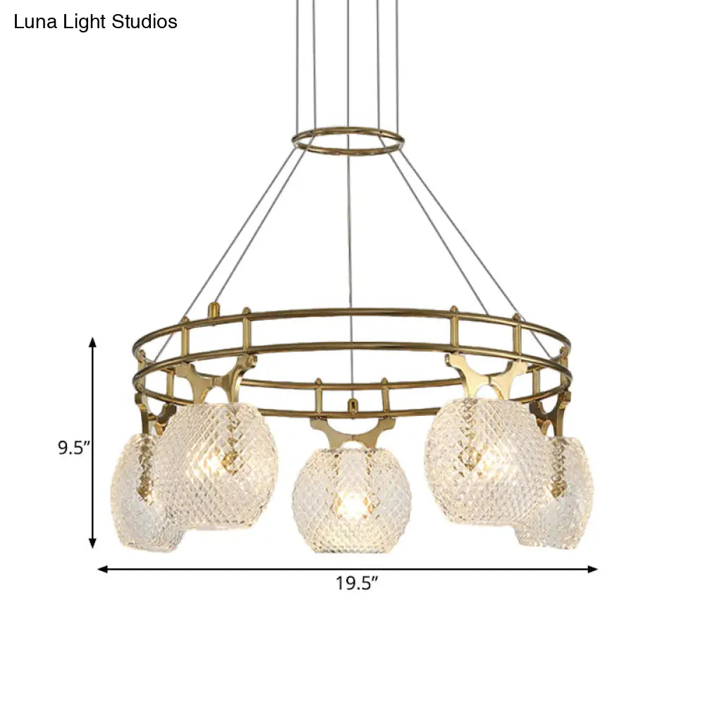 Gold Postmodern Ball Chandelier Pendant Light With Clear Glass 5-Head Suspension Lamp For Dining