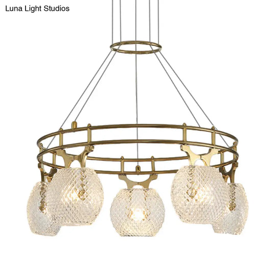 Postmodern Clear Lattice Glass 5-Head Gold Pendant Light For Dining Room Ceiling Suspension