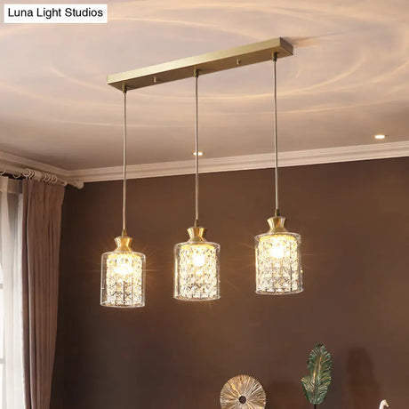 Gold Postmodern Crystal Pendant Light With 3 Shaded Heads For Dining Room Suspension