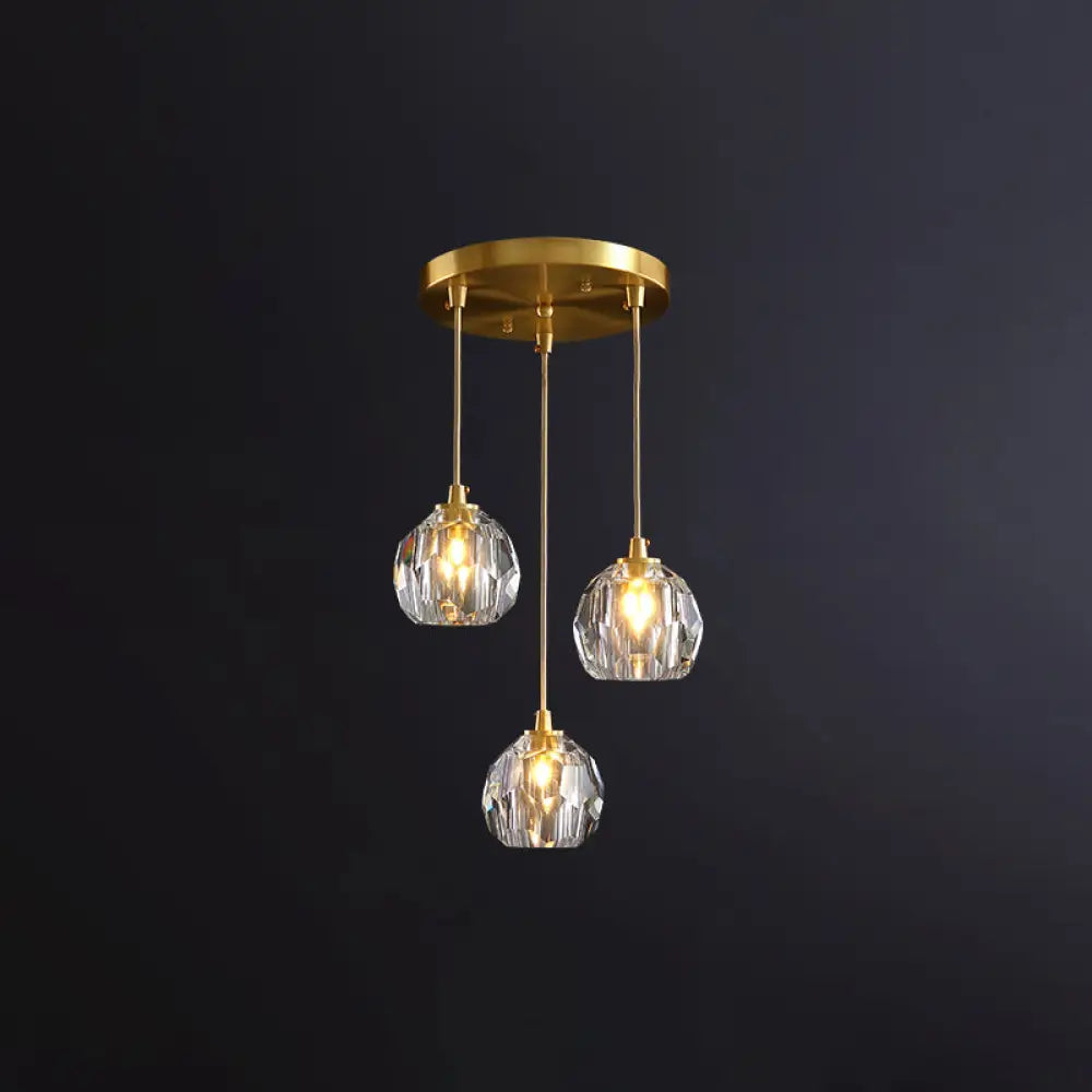 Gold Postmodern Crystal Pendant Light With 3 Shaded Heads For Dining Room Suspension / Round