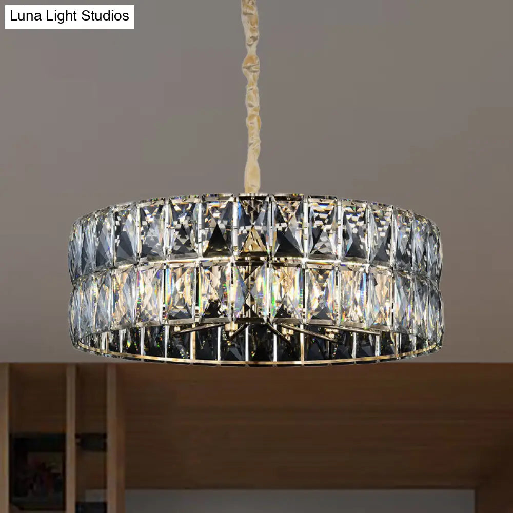 Postmodern Faceted Crystal Drum Chandelier - 8-Light Gold Ceiling Pendant