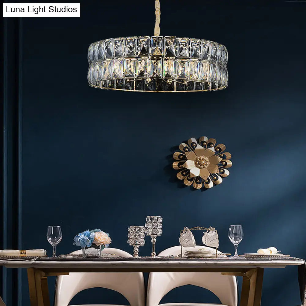 Postmodern Faceted Crystal Drum Chandelier - 8-Light Gold Ceiling Pendant