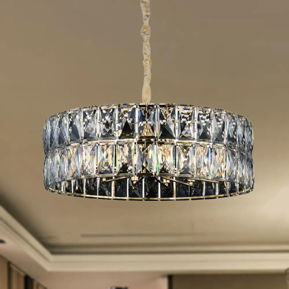 Gold Postmodern Drum Chandelier Light - Faceted Crystal 8 Lights Ceiling Hanging Fixture