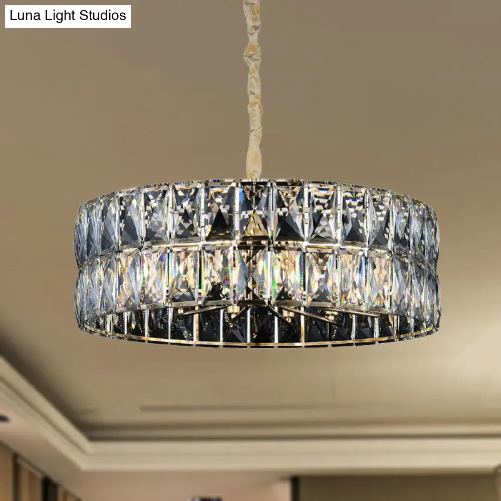 Postmodern Faceted Crystal Drum Chandelier - 8-Light Gold Ceiling Pendant