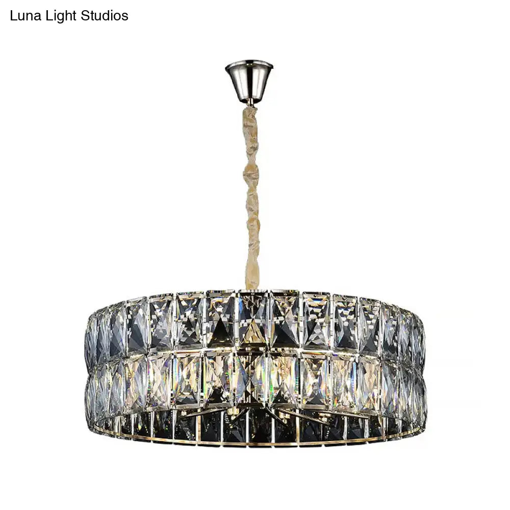 Gold Postmodern Drum Chandelier Light - Faceted Crystal 8 Lights Ceiling Hanging Fixture