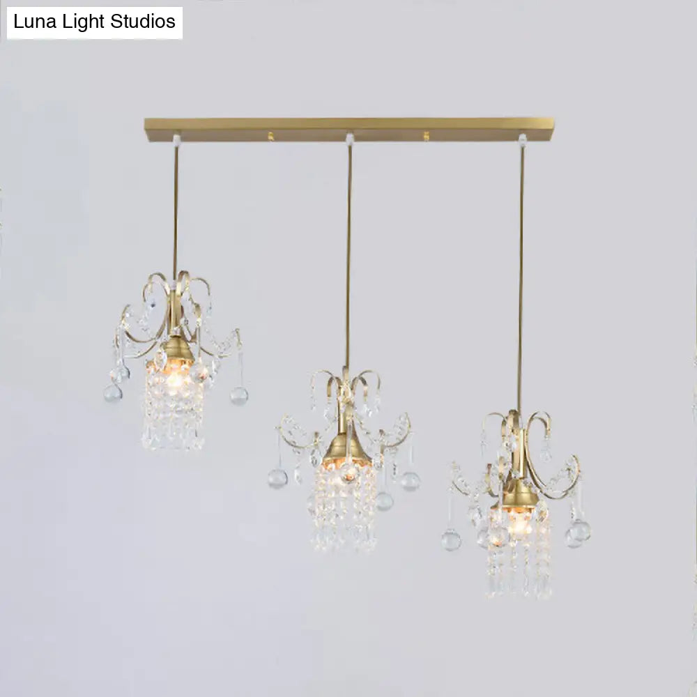 Gold Postmodern Rain Cluster Pendant Light With Clear K9 Crystal - 3 Bulb Suspension Lamp For Dining