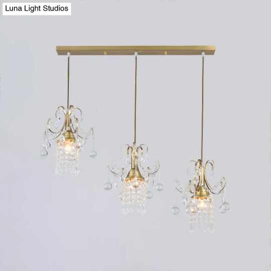 Gold Postmodern Rain Cluster Pendant Light With Clear K9 Crystal - 3 Bulb Suspension Lamp For Dining