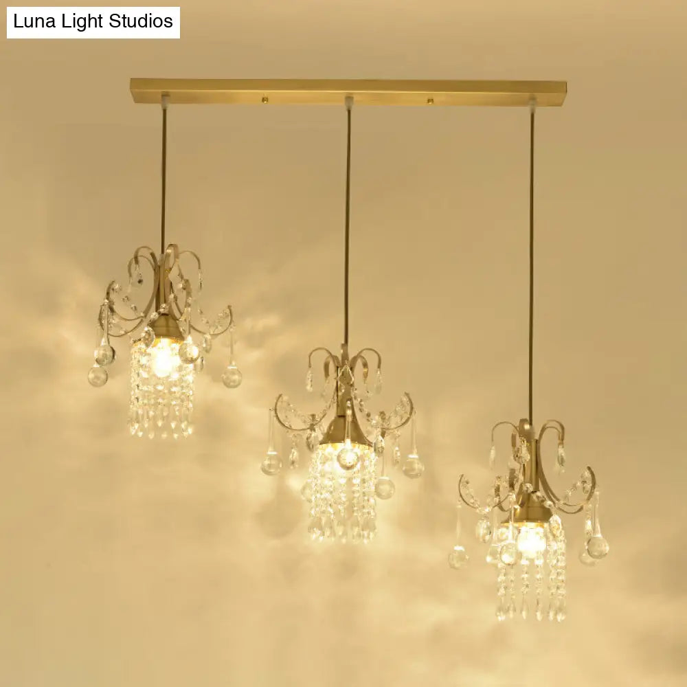 Gold Postmodern Rain Cluster Pendant Light With Clear K9 Crystal - 3 Bulb Suspension Lamp For Dining