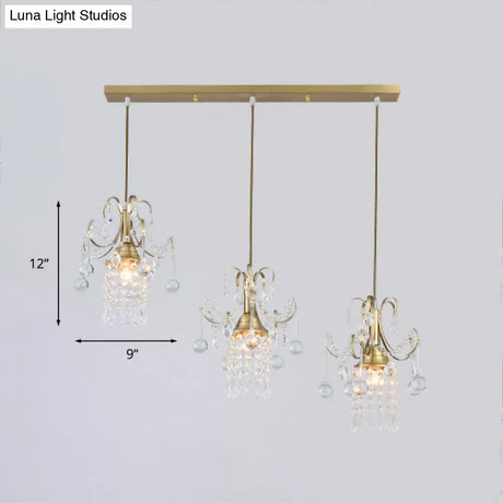 Gold Postmodern Rain Cluster Pendant Light With Clear K9 Crystal - 3 Bulb Suspension Lamp For Dining
