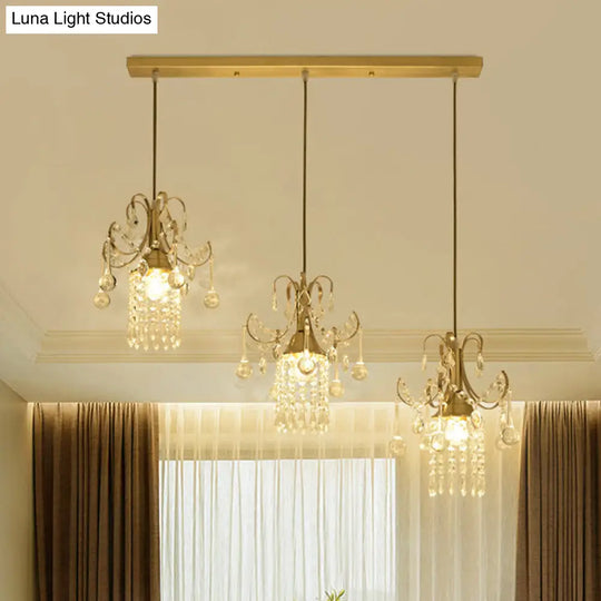 Gold Postmodern Rain Cluster Pendant Light With Clear K9 Crystal - 3 Bulb Suspension Lamp For Dining