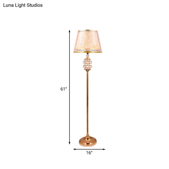 Gold Print Fabric Floor Lamp With Tapered Shade And Crystal Accents