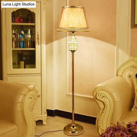 Gold Print Fabric Floor Lamp With Tapered Shade And Crystal Accents