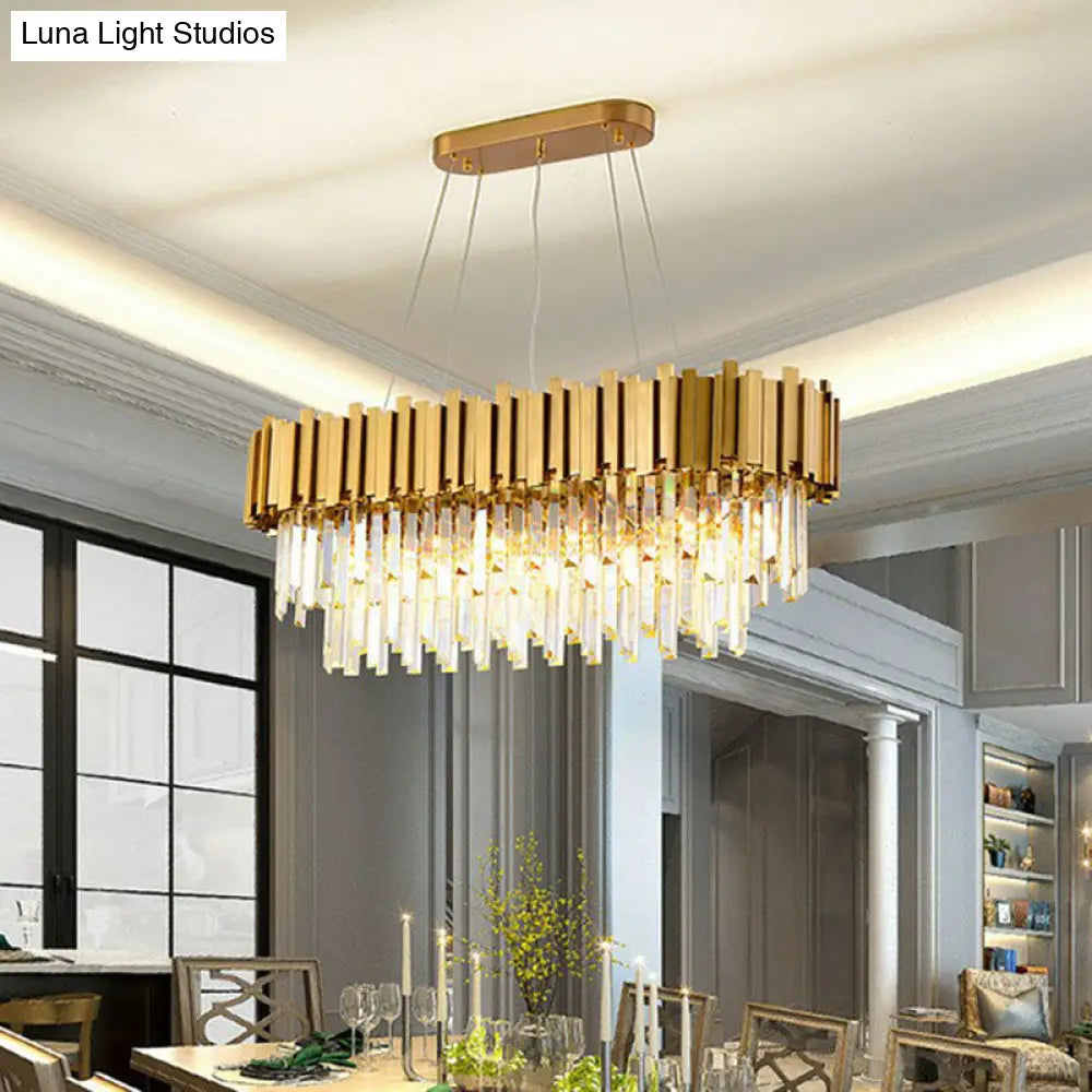 Gold Prismatic Crystal 5-Head Postmodern Oval Hanging Light For Dining Room Island Ceiling