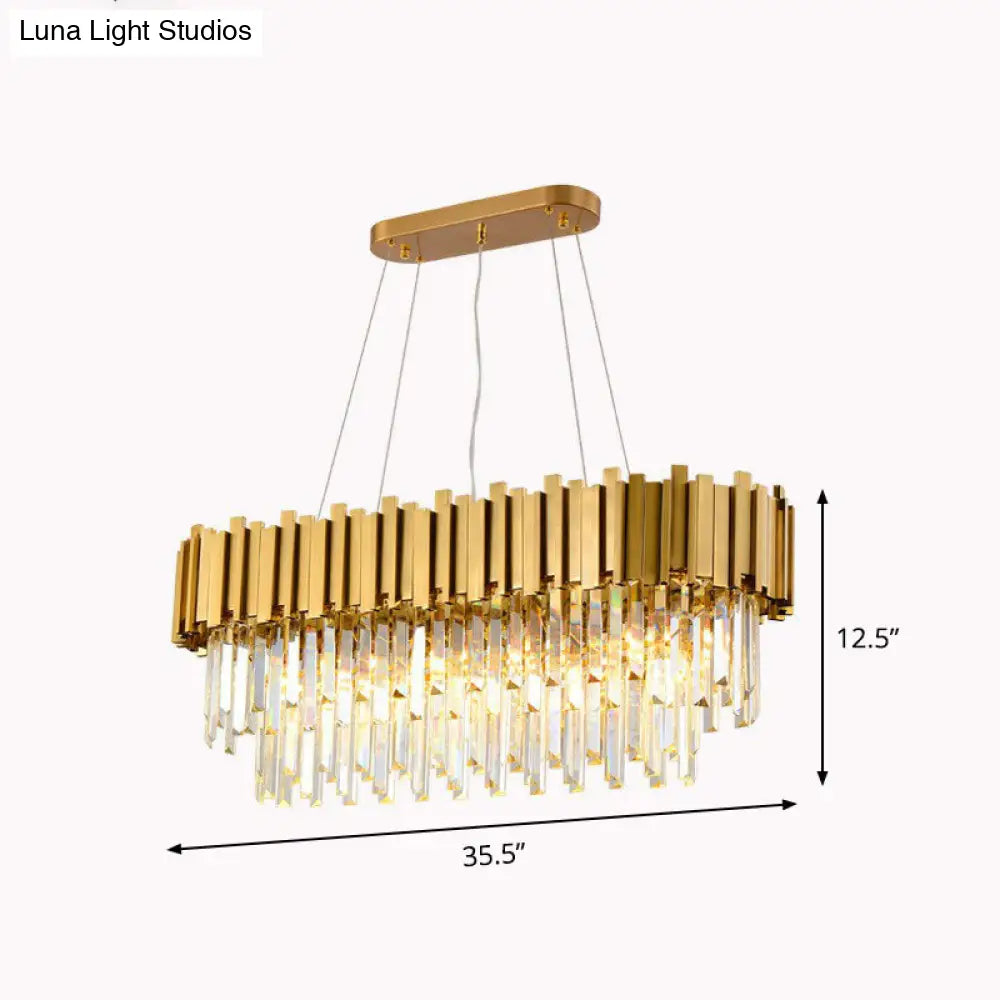 Gold Prismatic Crystal 5-Head Postmodern Oval Hanging Light For Dining Room Island Ceiling