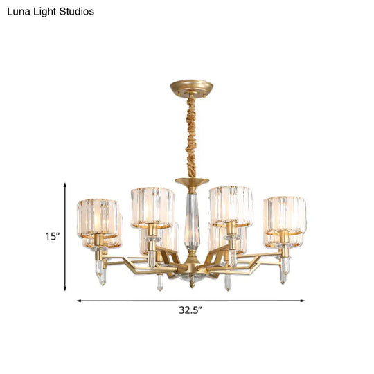 Modern 8-Light Gold Chandelier With Prismatic Crystal Cylinder Shades For Living Room Suspension