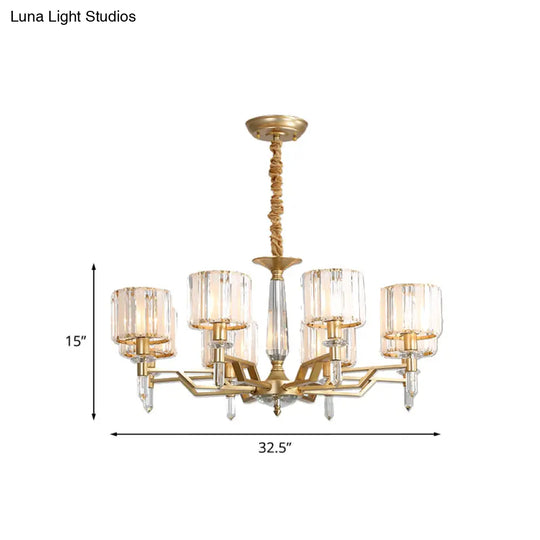 Gold Prismatic Crystal Chandelier - Postmodern Cylinder Design With 8 Heads Living Room Suspended