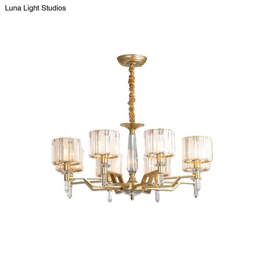 Gold Prismatic Crystal Chandelier - Postmodern Cylinder Design With 8 Heads Living Room Suspended