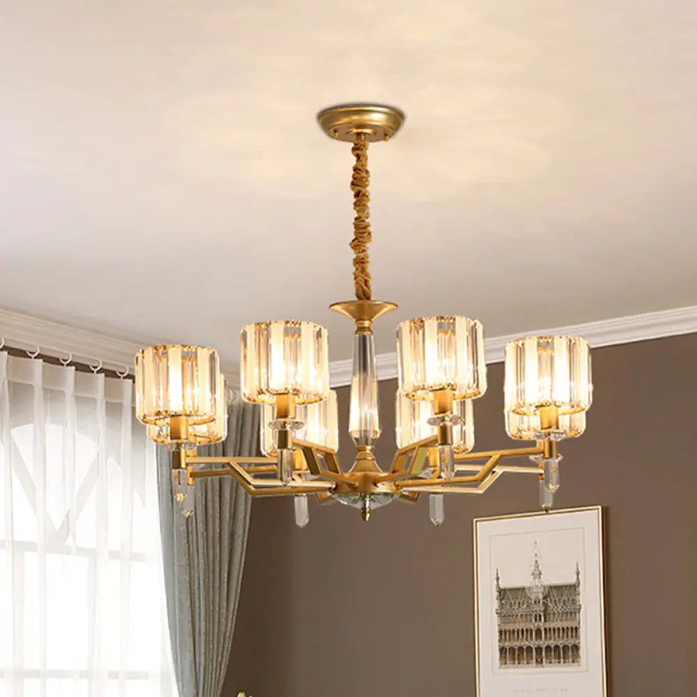 Gold Prismatic Crystal Chandelier - Postmodern Cylinder Design With 8 Heads Living Room Suspended