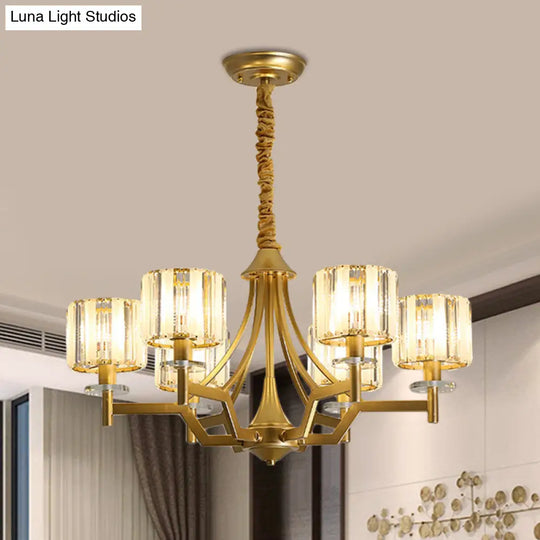 Gold Prismatic Crystal Cylinder Chandelier Lamp With 3/6 Bulbs - Postmodern Hanging Light