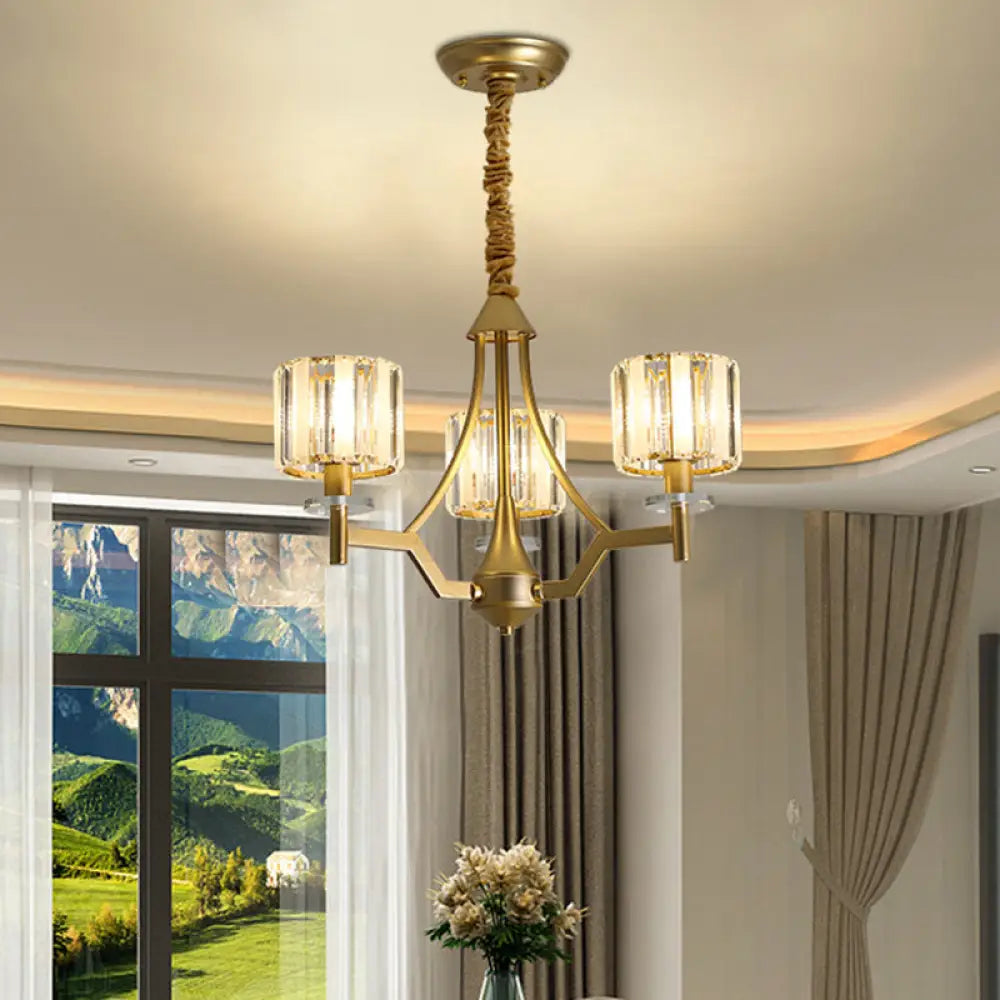 Gold Prismatic Crystal Cylinder Chandelier Lamp With 3/6 Bulbs - Postmodern Hanging Light 3 /