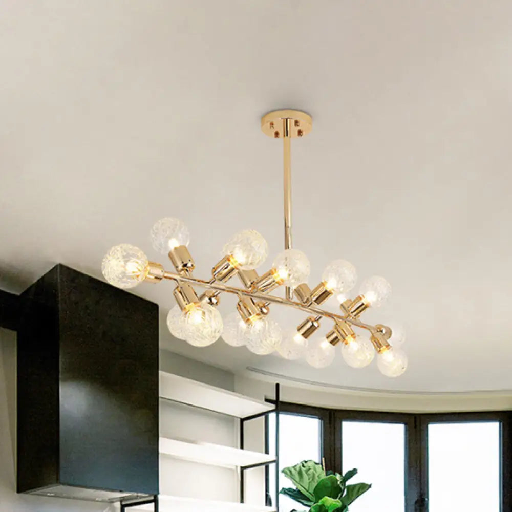 Gold Prismatic Glass Ball Linear Chandelier - Modern Metal Island Light With 18 Lights Ideal For