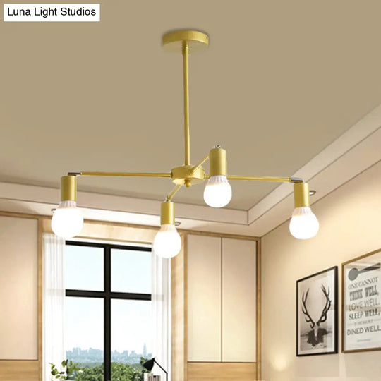 Gold Radial Metal Chandelier With Hanging Lights For Bedroom - Modern Design Bare Bulb