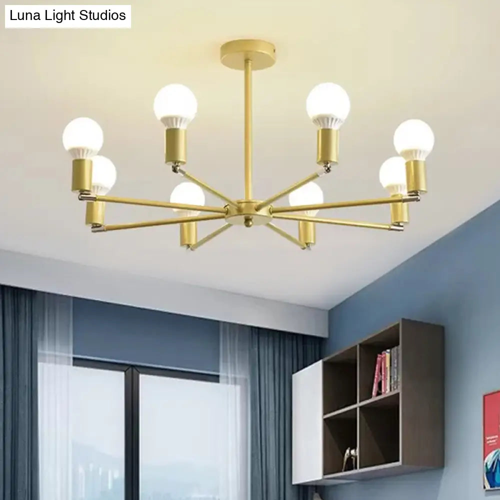 Gold Radial Metal Chandelier With Hanging Lights For Bedroom - Modern Design Bare Bulb