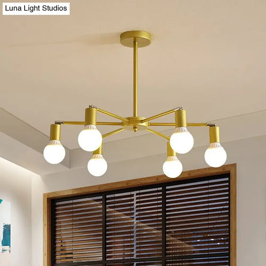 Gold Radial Metal Chandelier With Hanging Lights For Bedroom - Modern Design Bare Bulb