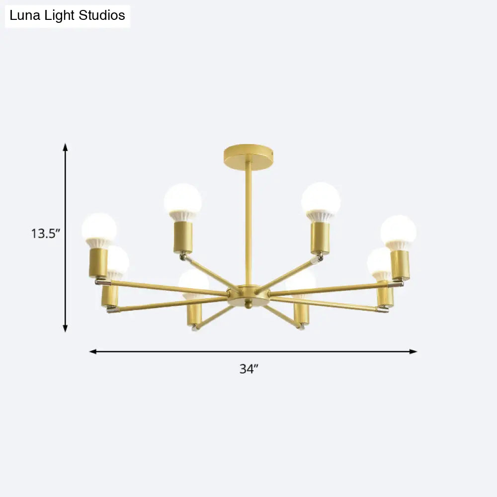 Gold Radial Metal Chandelier With Hanging Lights For Bedroom - Modern Design Bare Bulb