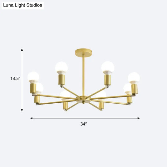 Gold Radial Metal Chandelier With Hanging Lights For Bedroom - Modern Design Bare Bulb