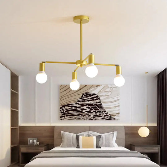 Gold Radial Metal Chandelier With Hanging Lights For Bedroom - Modern Design Bare Bulb 4 /