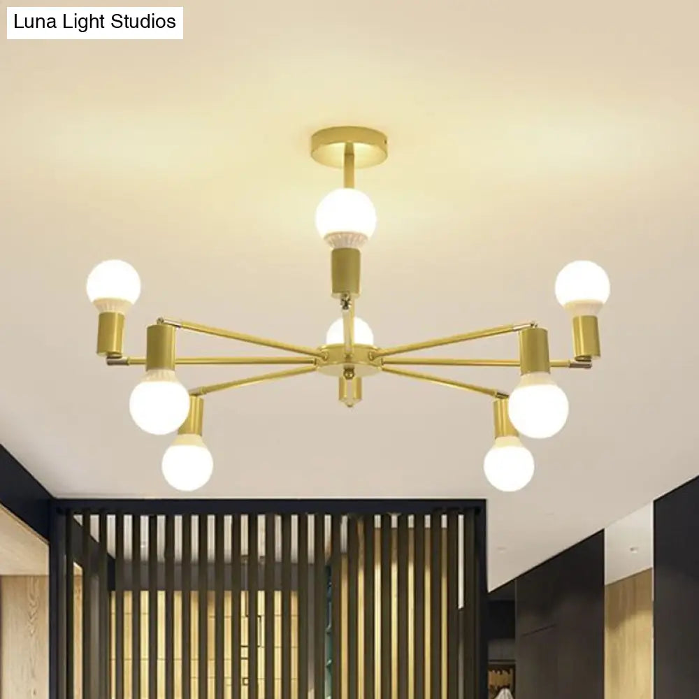 Gold Radial Metal Chandelier With Hanging Lights For Bedroom - Modern Design Bare Bulb