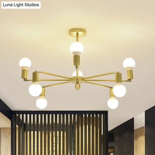 Gold Radial Metal Chandelier With Hanging Lights For Bedroom - Modern Design Bare Bulb