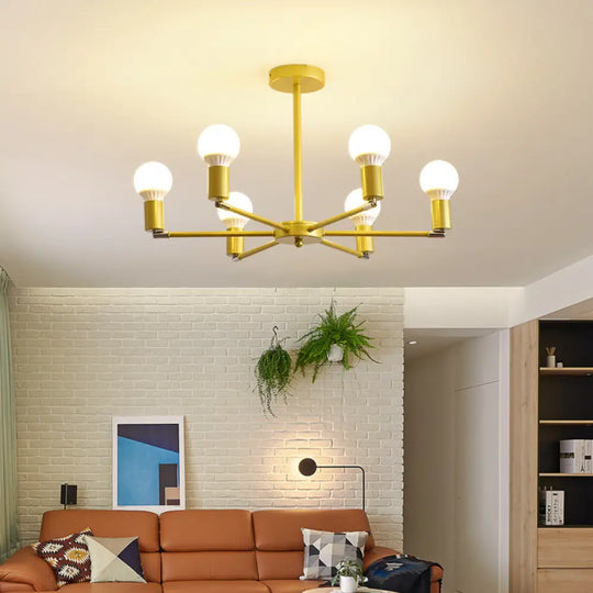 Gold Radial Metal Chandelier With Hanging Lights For Bedroom - Modern Design Bare Bulb 6 /