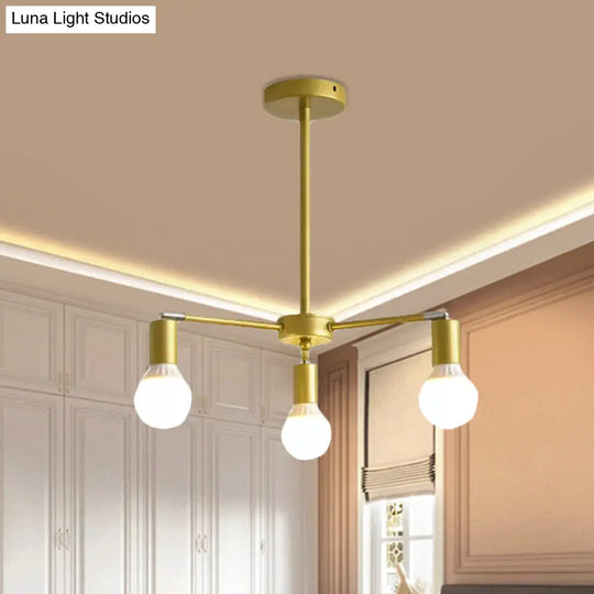 Gold Radial Metal Chandelier With Hanging Lights For Bedroom - Modern Design Bare Bulb