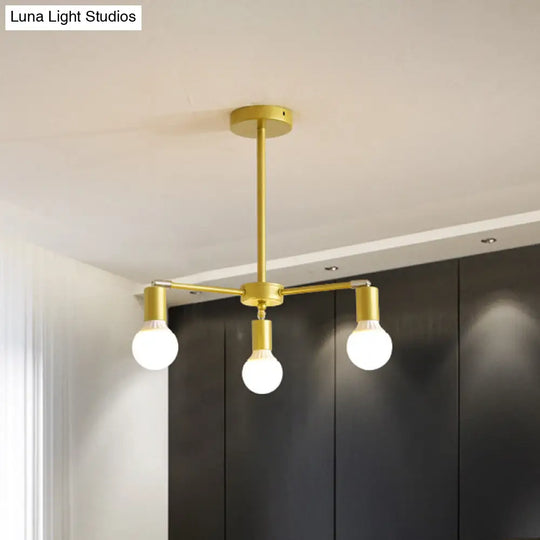 Gold Radial Metal Chandelier With Hanging Lights For Bedroom - Modern Design Bare Bulb