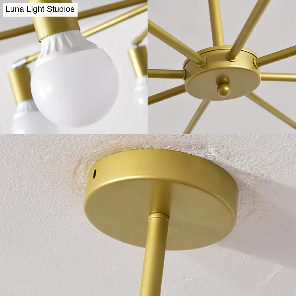 Gold Radial Metal Chandelier With Hanging Lights For Bedroom - Modern Design Bare Bulb