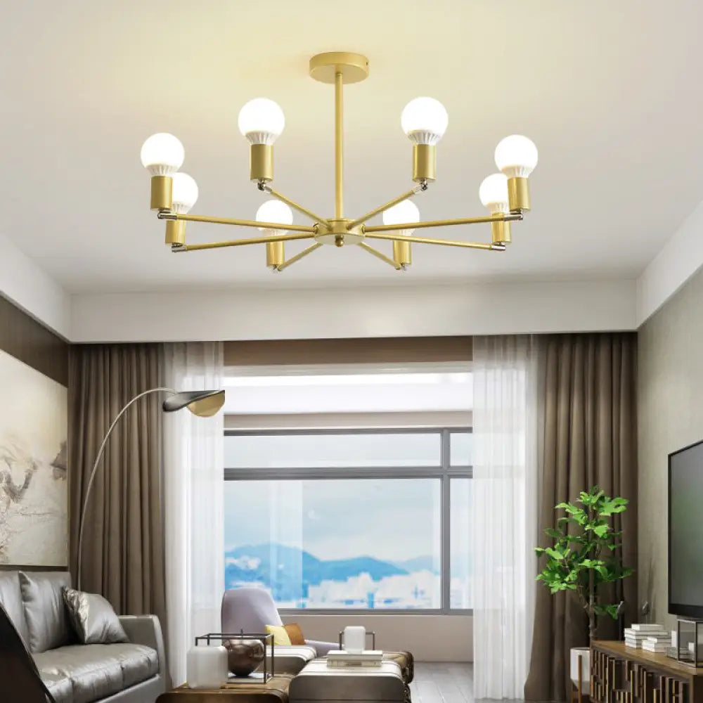 Gold Radial Metal Chandelier With Hanging Lights For Bedroom - Modern Design Bare Bulb 8 /