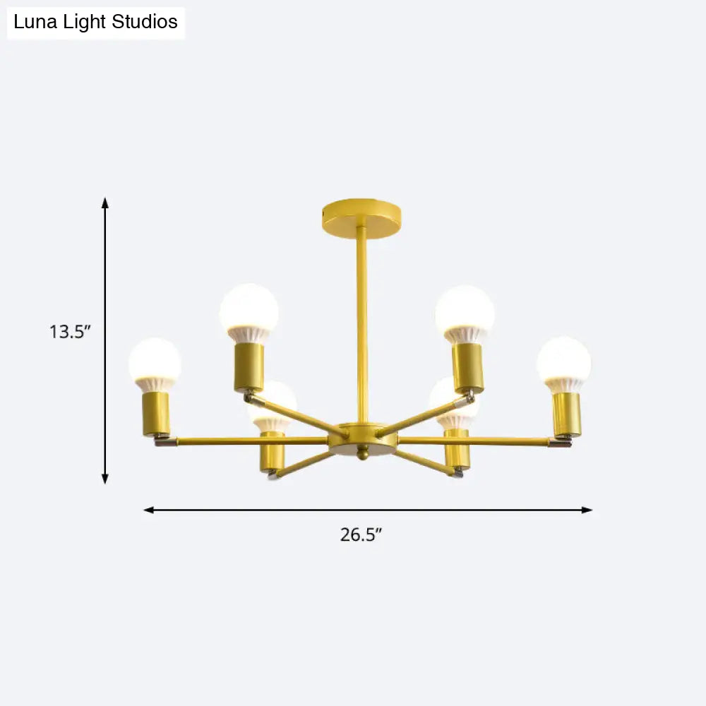 Gold Radial Chandelier With Bare Bulb - Modern 3/4/6 Ceiling Lights For Bedroom