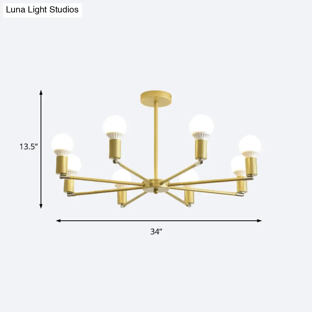 Gold Radial Chandelier With Bare Bulb - Modern 3/4/6 Ceiling Lights For Bedroom