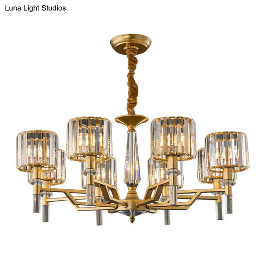 Gold Radiating Suspension Light: Artistic Metallic Chandelier With Crystal Shade For Living Room