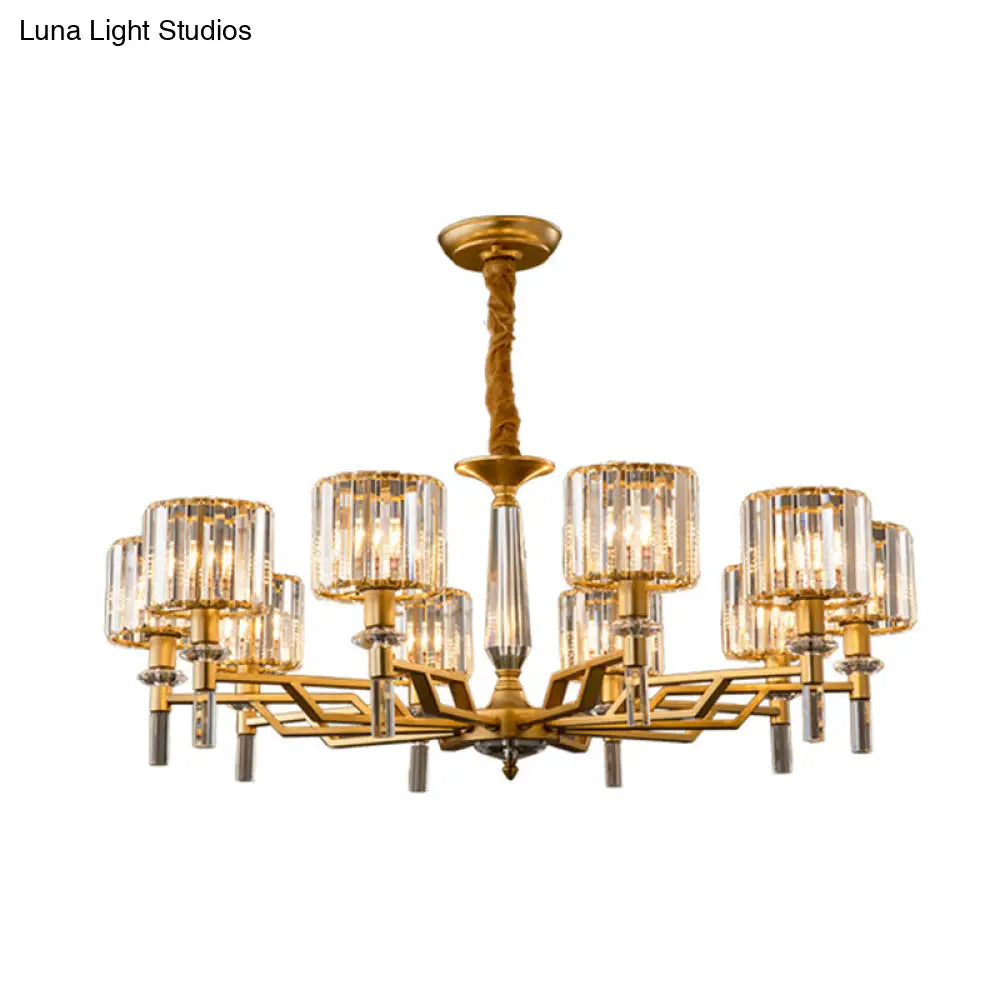 Gold Radiating Suspension Light: Artistic Metallic Chandelier With Crystal Shade For Living Room