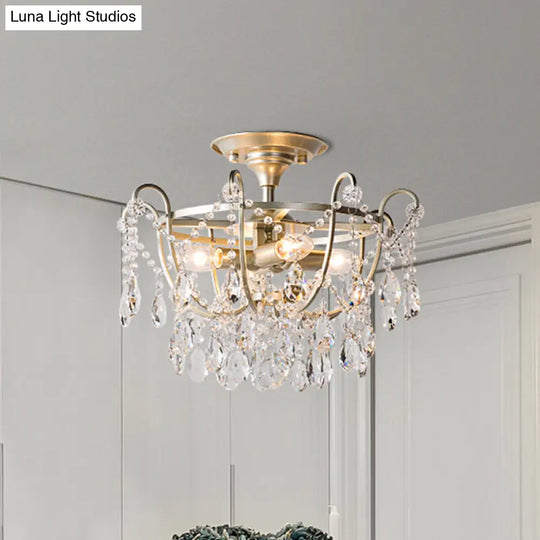 Gold Raindrop Crystal Ceiling Fixture With 4 Bulbs For Traditional Drawing Rooms