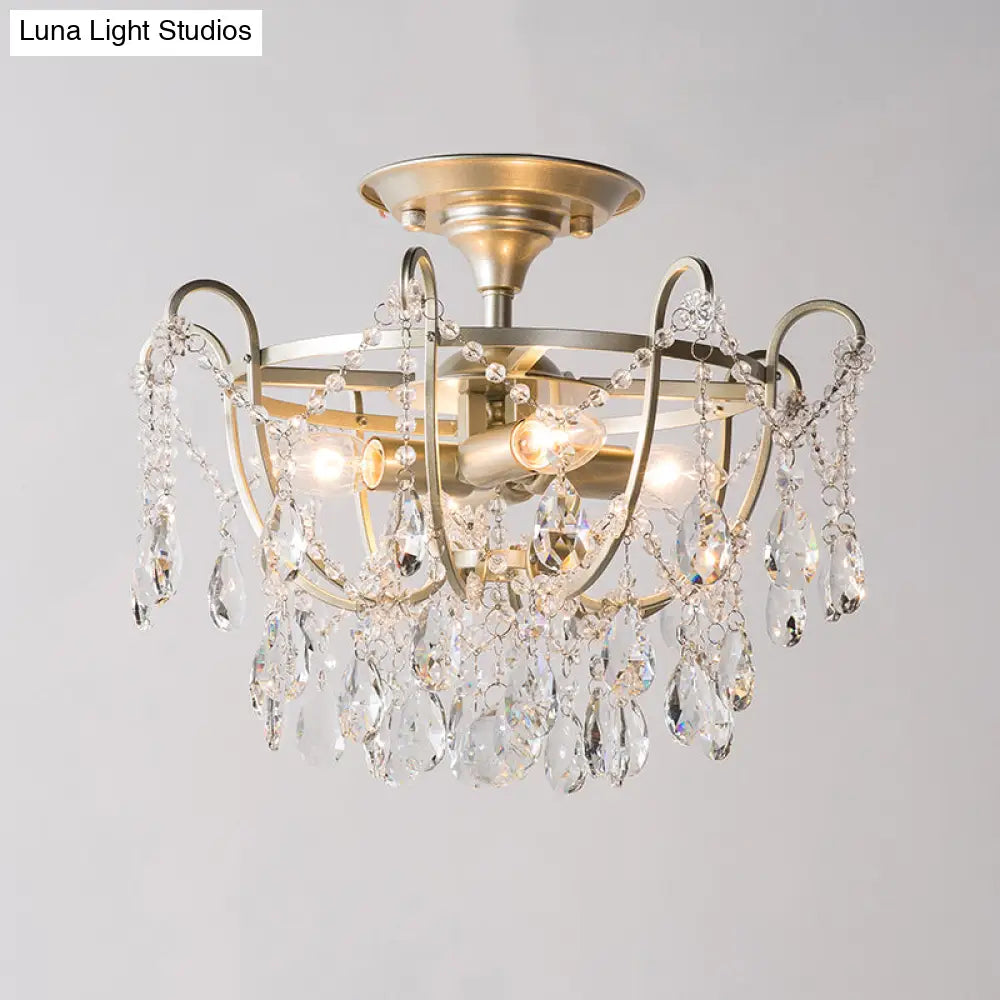 Gold Raindrop Crystal Ceiling Fixture With 4 Bulbs For Traditional Drawing Rooms