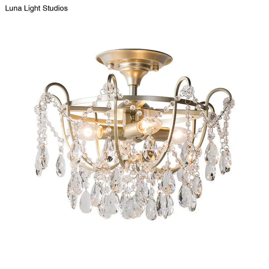 Gold Raindrop Crystal Ceiling Fixture With 4 Bulbs For Traditional Drawing Rooms